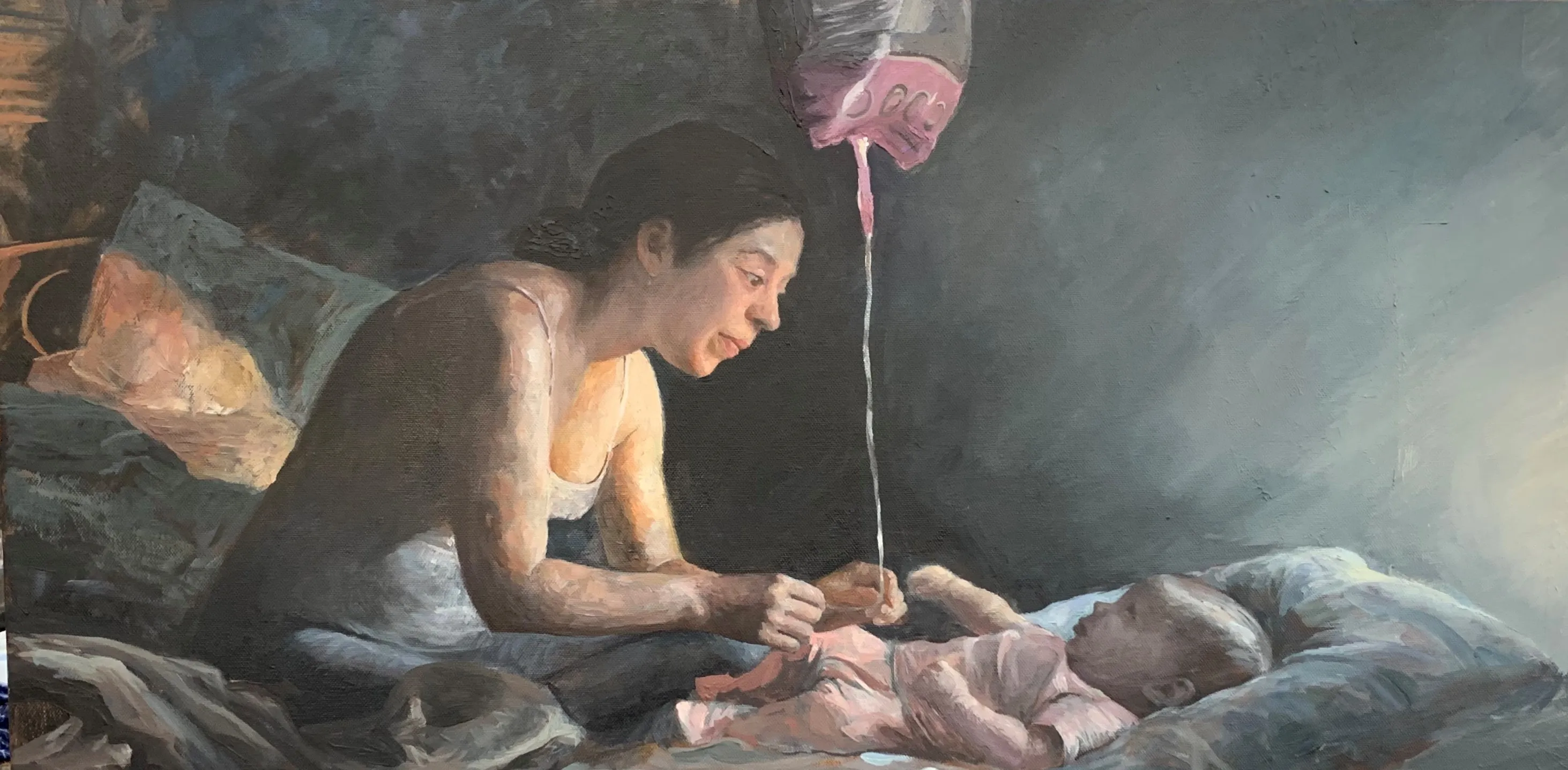 Oil Painting Ellie and Luna on the bed