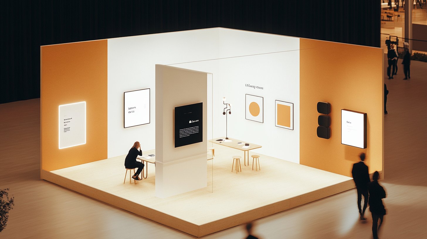 Intimate demo area with seated visitors at small wooden tables, warm lighting, and a central screen display