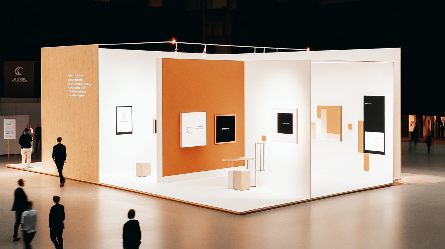 Gallery-like interior of the booth with curated panels, minimal furniture, and warm lighting
