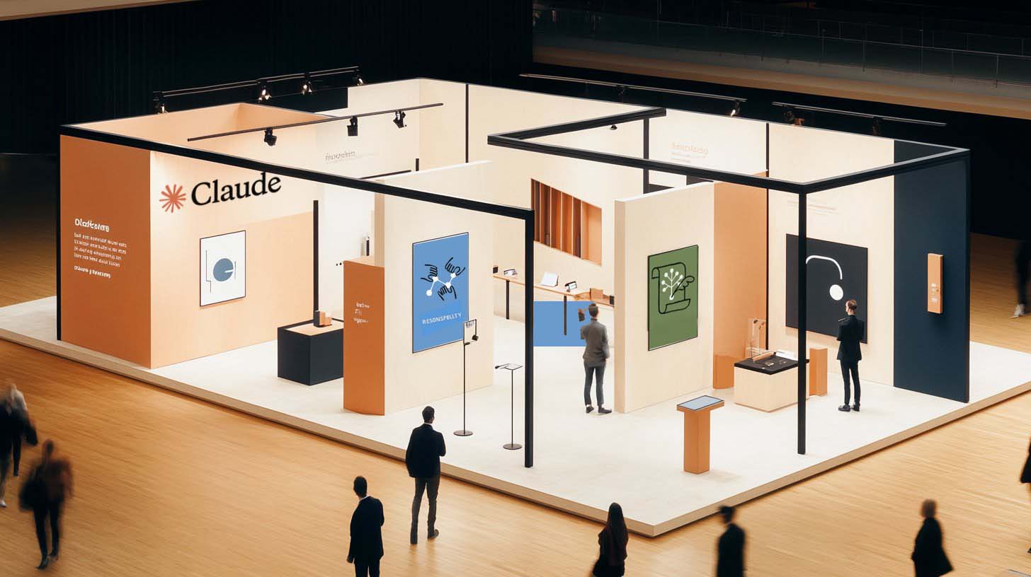 Overhead view of booth concept showing exposed steel frame structure with distinct spatial zones