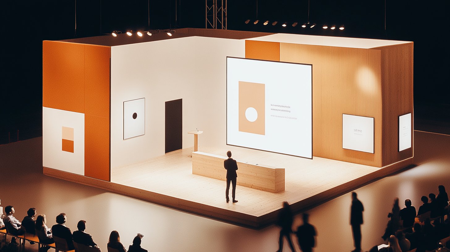 Intimate presentation stage with wooden bench seating, large projection screen, and warm minimal aesthetic