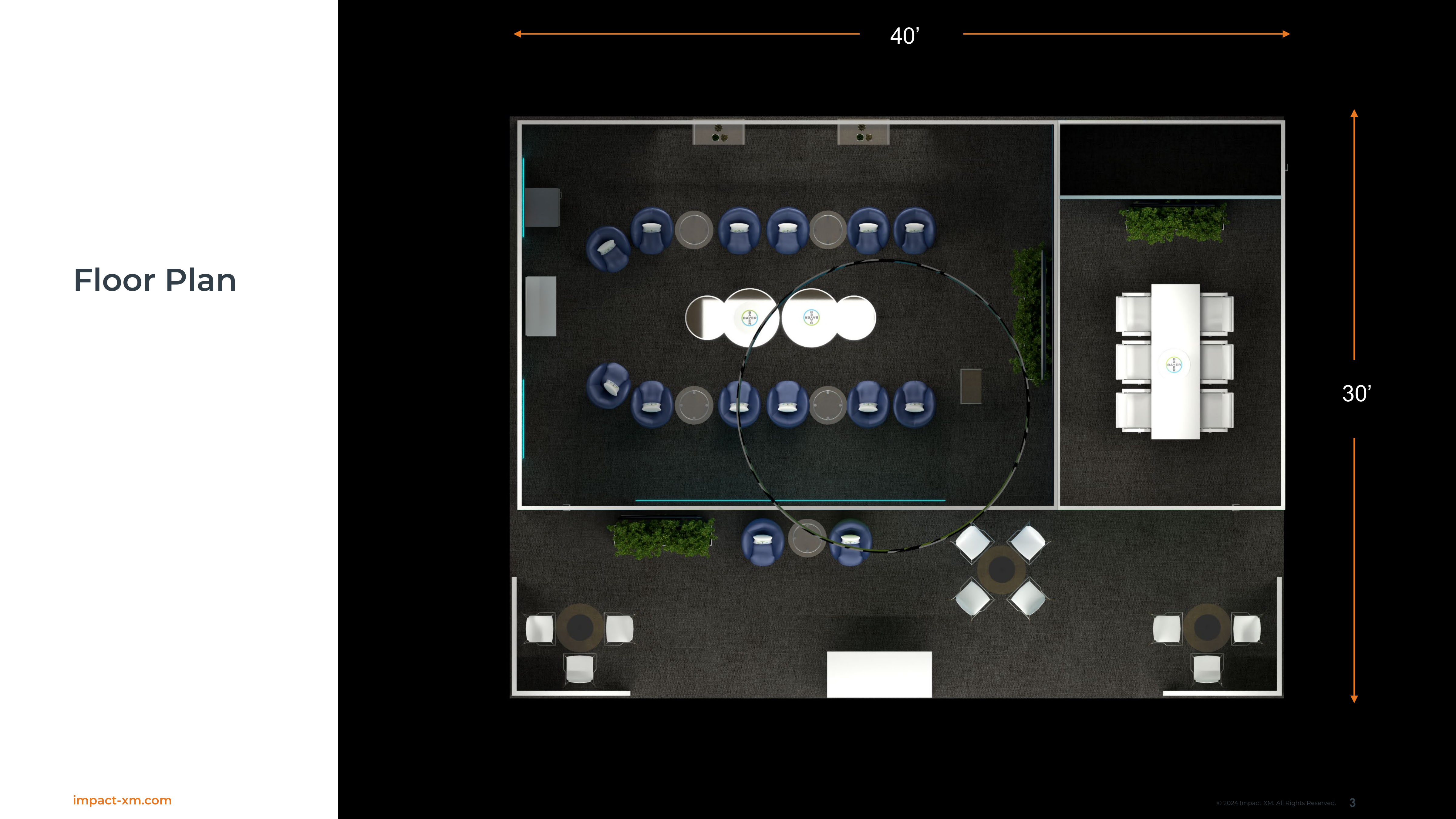 Top-down architectural floor plan of the 30×40 ft NACDS TSE booth showing zoned areas, meeting tables, and circulation paths