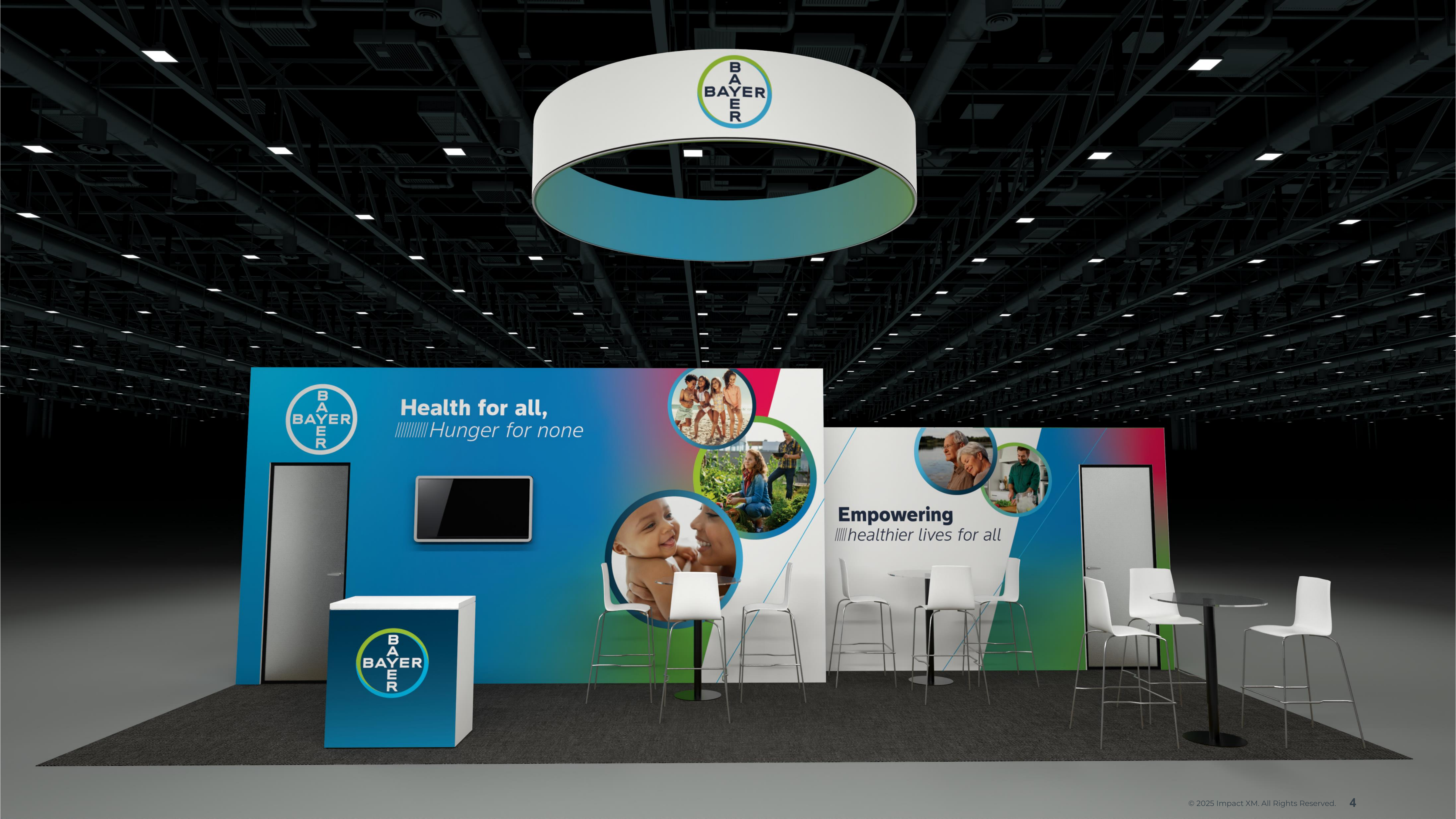 3D render — TSE 2025 booth front view with blue canopy