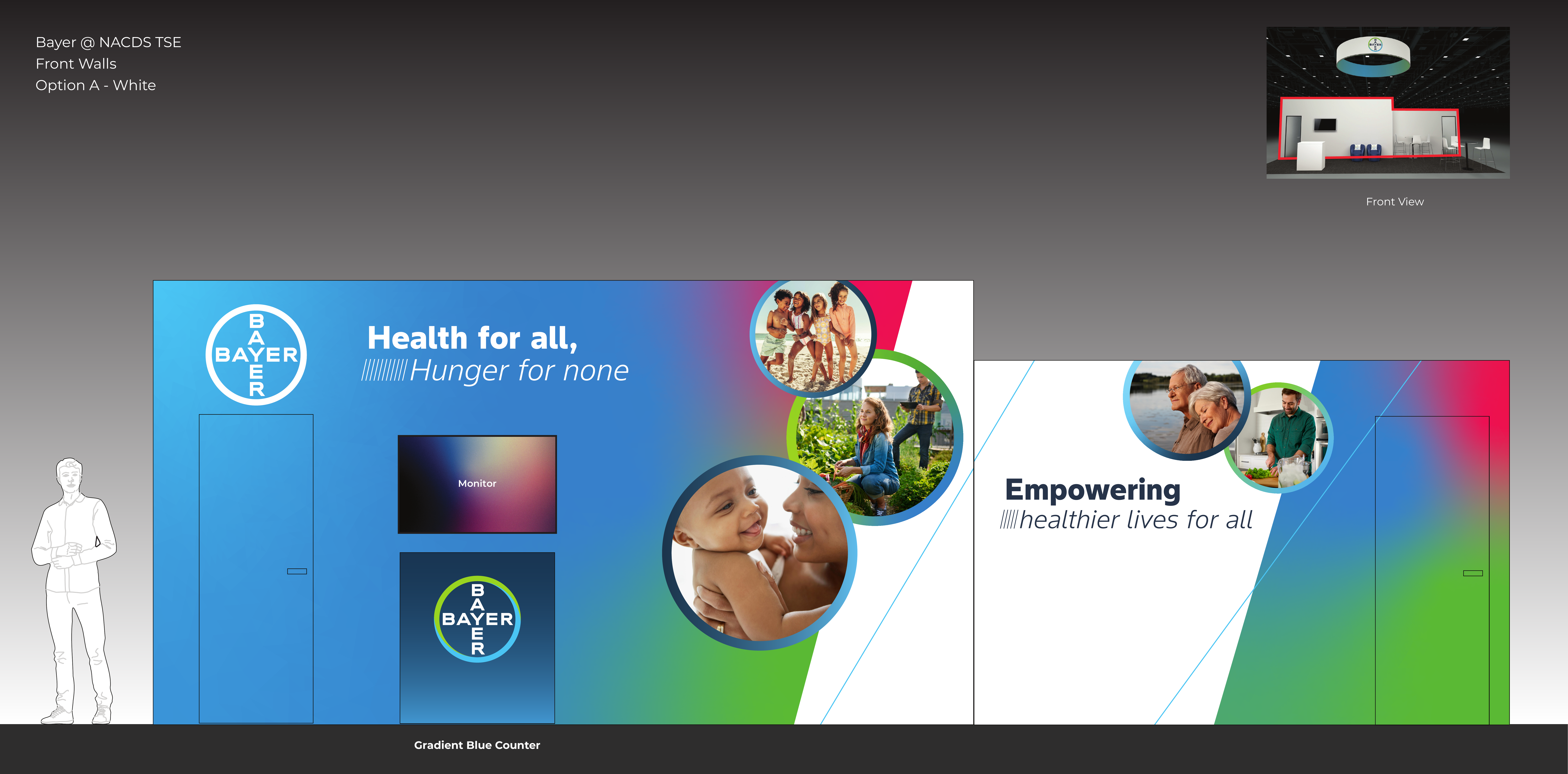 Photorealistic wall mockup V6 — front walls with Bayer branding and lifestyle graphics