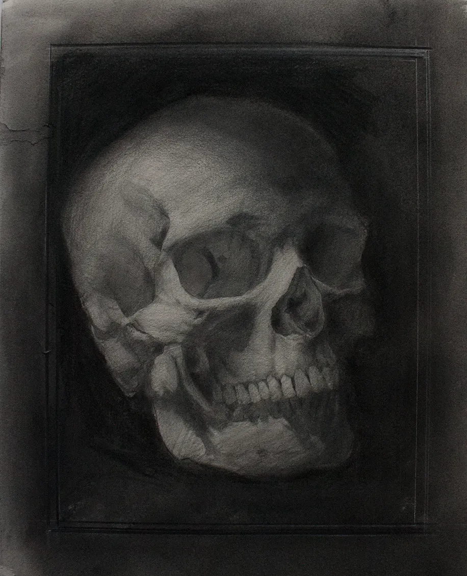 Drawing of a skull in graphite